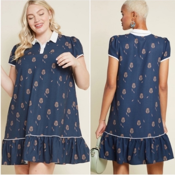 Modcloth Dresses & Skirts - Modcloth Retro Novelty Owl Print Short Sleeve Ruffle Hem Dress XL